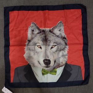 F & F Red 100% Silk Scarf with Handsome Grey Wolf in Tuxedo Design